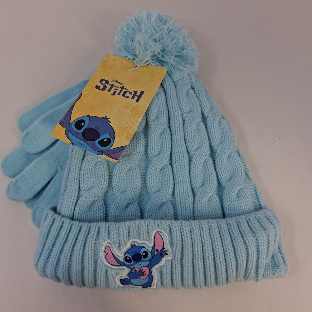 Disney Stitch Light Blue Cable Knit Beanie and Gloves Set Faux Fur Lined NWT